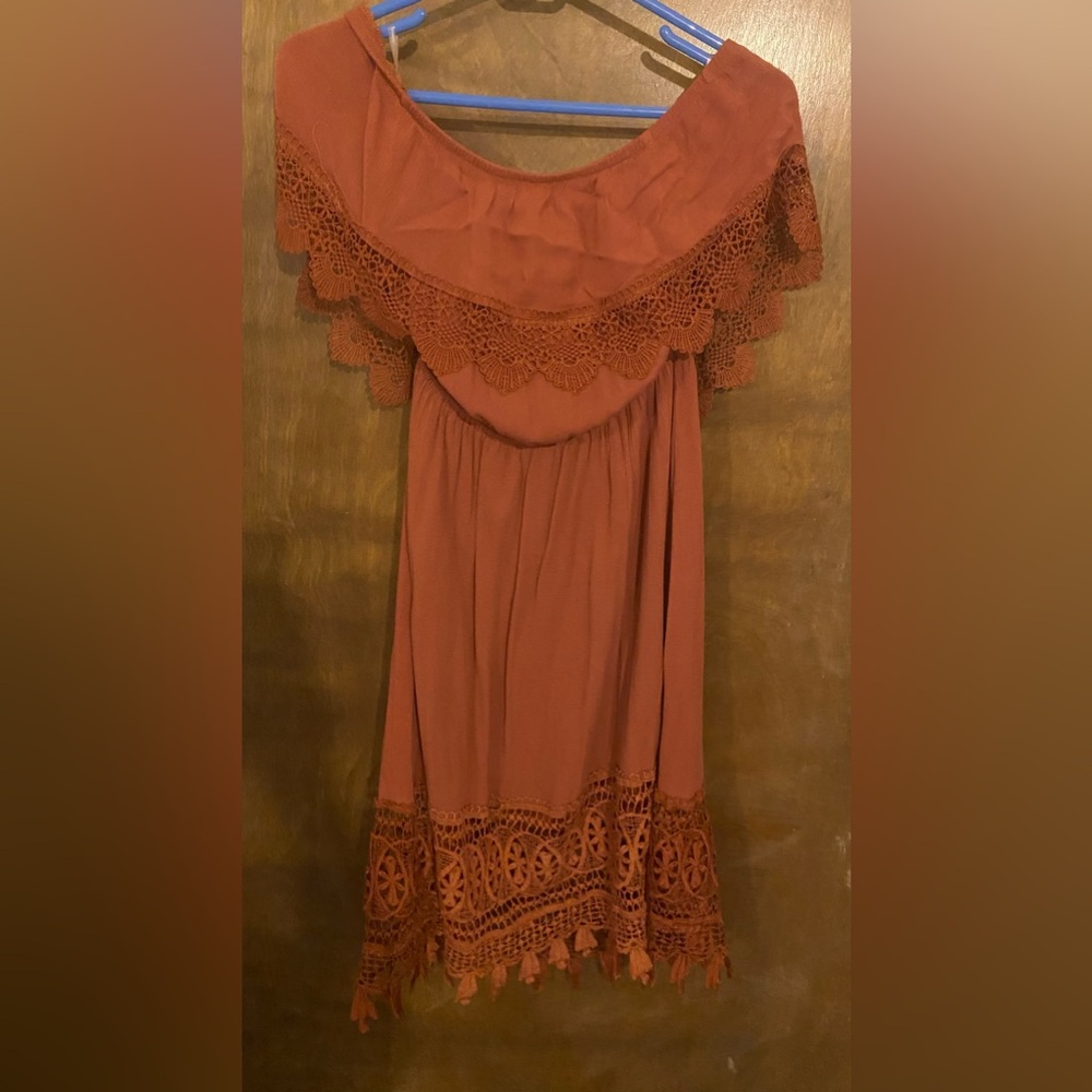 Burnt orange off the shoulder dress